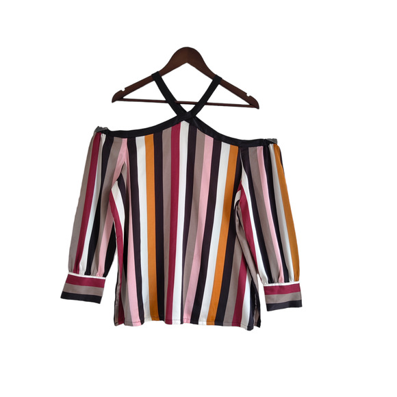 LOFT Tops - Loft Multicolor Striped Cold Shoulder Satin Long Sleeve Blouse Top Size L